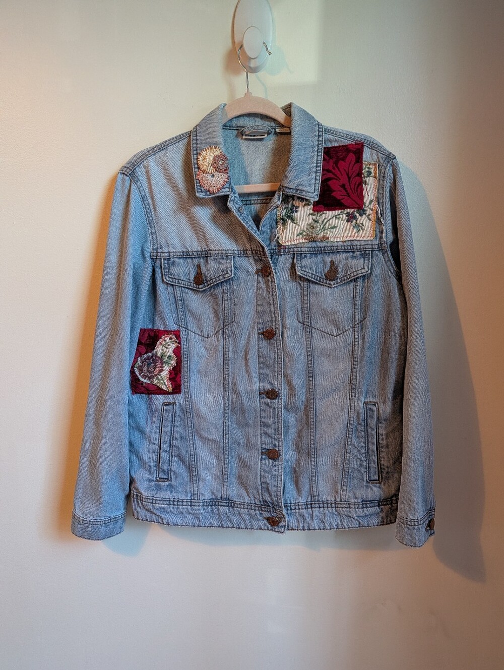 Handmade Reworked Light Wash Embroidered Patch Cotton Bohemian Denim Jacket Med